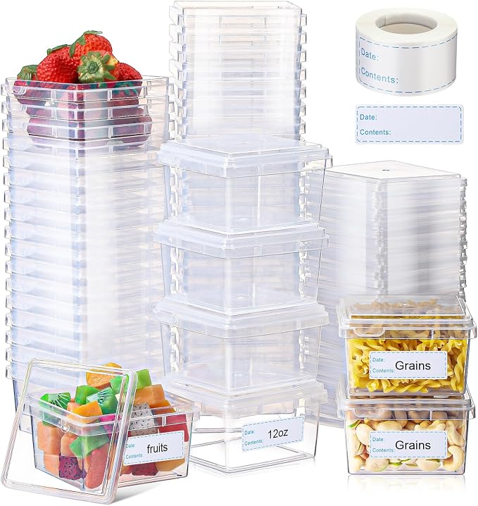 12 oz 50 Pack Small Square Deli Containers with Lids Plastic Freezer Food Reusable Meal Dessert Ice Cream Containers with Labels for Takeout Meal Storage Microwave Freezer Safe(Clear,) by Blushtier