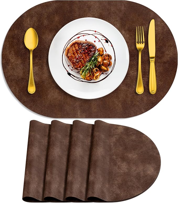 ADRIMER Placemats, Heat Resistant Oval Placemats Set of 4 Washable 12 x 17 Inch, Waterproof Table Mats, Wipeable Pu Place Mats for Kitchen, Dining Room, Brown by Adrimersdreamistobeanindispensablecompanioninyourlife