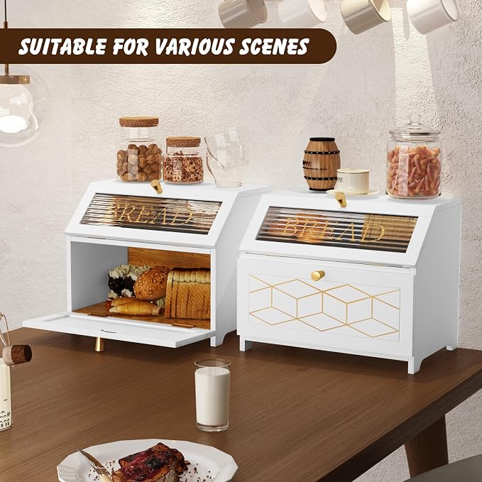 HOLTICO Double Layer Bread Box With Golden Trim for Countertop, Wooden Bread Container for Kitchen Counter, Corner Bread Storage (White) | Wooden Bread Container for Kitchen Counter, Large Capacity Bread Keeper, Farmhouse Food Organizer with Glass Window - Image 5