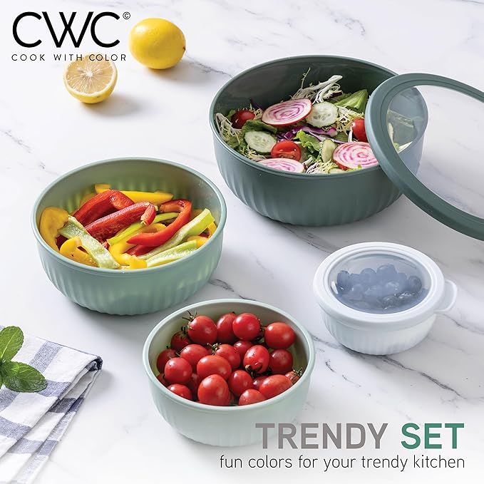 COOK WITH COLOR Prep Bowls with Lids- Wide and Deep Nesting Plastic Small Mixing Bowl Set with Lids, 8 Piece Set - Wide Bowls, Sage - Image 3