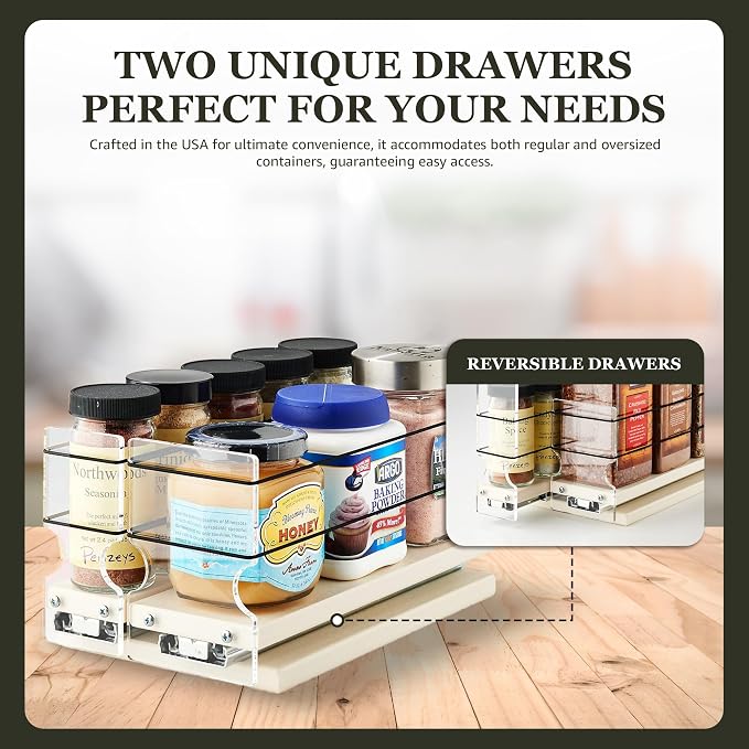 Combo Spice Rack Drawer - Pull Out Pantry Organizers and Storage - Kitchen Cabinet Organizer - Seasoning Sliding Caddy - Made in USA (5.75" W x 5.00" H x 10.60" D, Assembled) - Image 3
