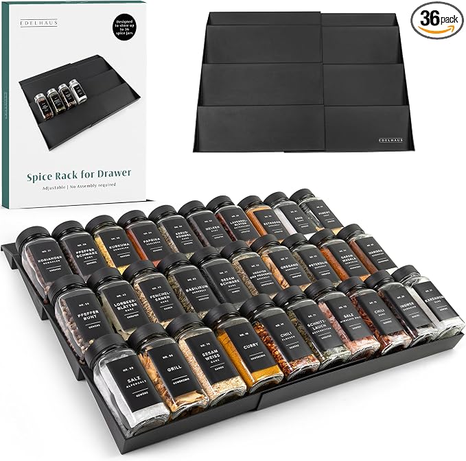 Spice Drawer Organizer - Expandable Spice Rack for Drawer, Black Seasoning Organizer for Drawer Spice Organizer, Spice Organization Seasoning rack insert for Cabinet (Jars Not Included) by EDELHAUS