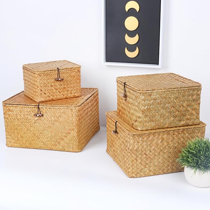 Moosky Wicker Shelf Baskets with Lid, Handwoven Seagrass Storage Basket Bins Square Gift Boxes for Shelves Home Decor Organizer (Natural, Set of 4) - Image 3