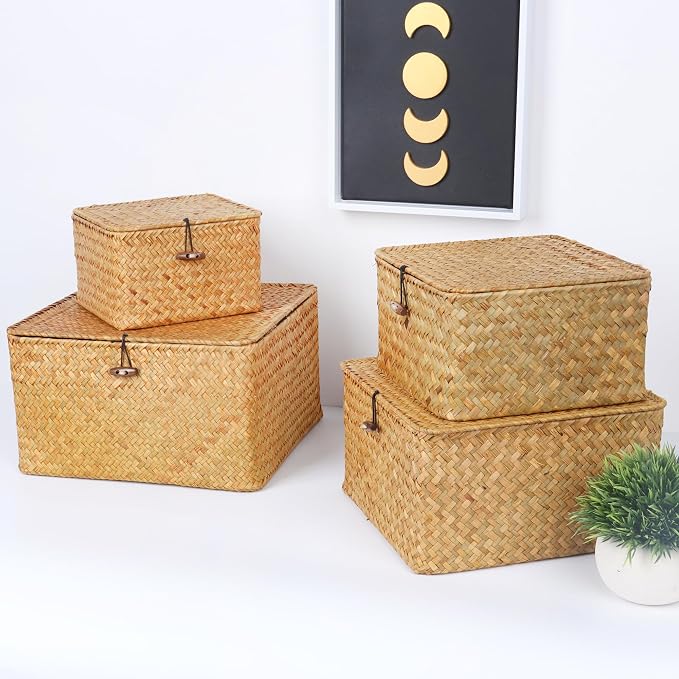 Moosky Wicker Shelf Baskets with Lid, Handwoven Seagrass Storage Basket Bins Square Gift Boxes for Shelves Home Decor Organizer (Natural, Set of 4) - Image 3