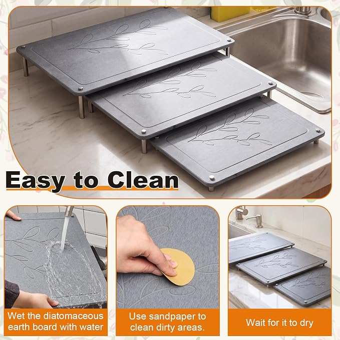 3 Tiers 24"x16" & 20"x16" &16"x12" Large Nesting Stone Dish Drying Mats for Kitchen Counter Absorbent Quick Dry Diatomaceous Earth Mat with Non-slip Feet for Pot Dishes Tableware (Dark Gray) - Image 5