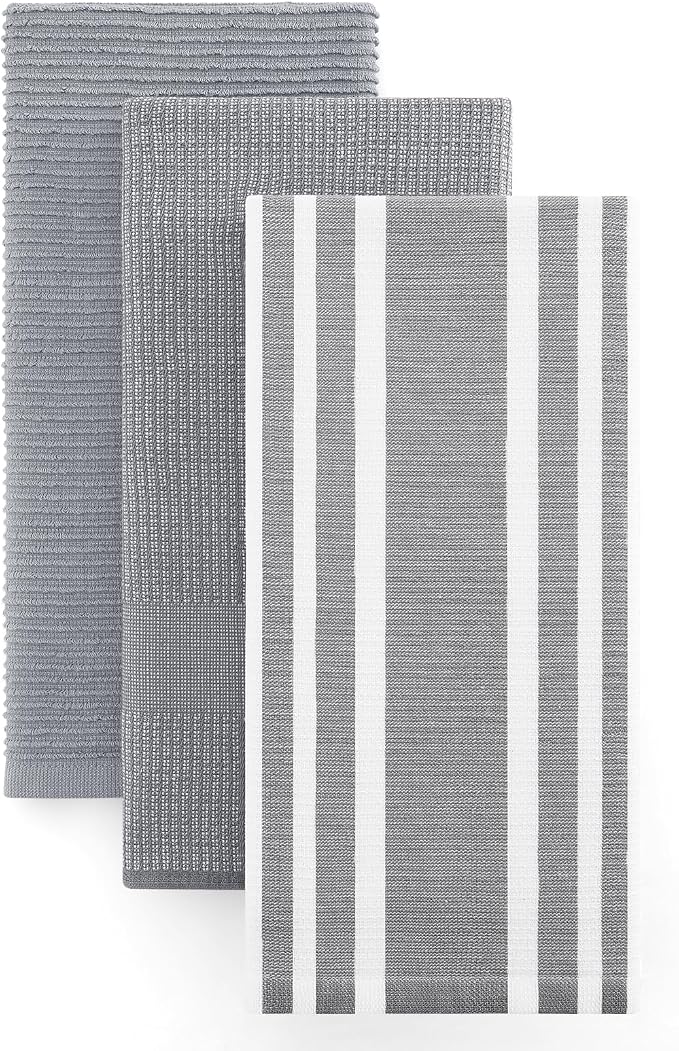 Homaxy Cotton 380 GSM Premium Kitchen Towels, 18"x 28", 3 Pack, Grey | Soft and Absorbent Terry Dish Towels, Multipurpose Tea Towel Set with Hanging Loop, 3 Styles Kitchen Hand Towels by Homaxy