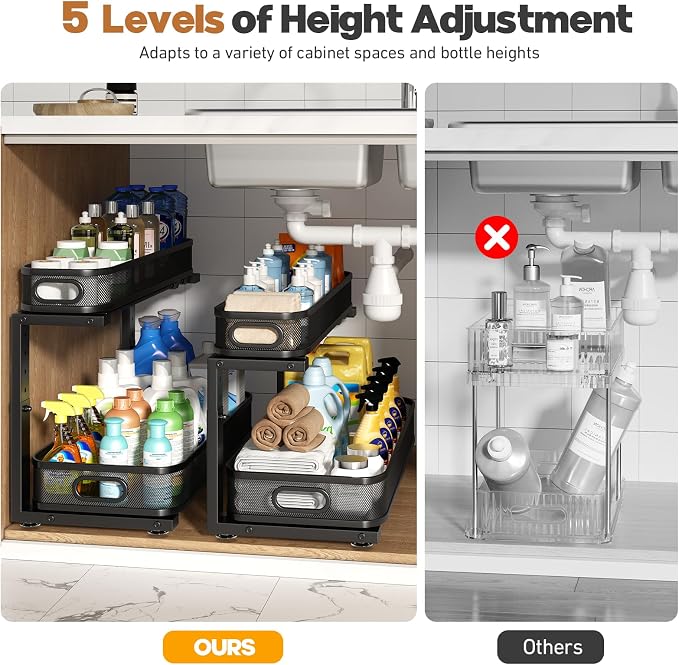 2 Pack 21.3IN-Depth Under Sink Organizer with Smooth Cylindrical Rail,2-Tier Pull Out Multi-Purpose Cabinet Storage for Bathroom&Kitchen,Height Adjustable,Rust-Resistant Coating-Black - Image 8