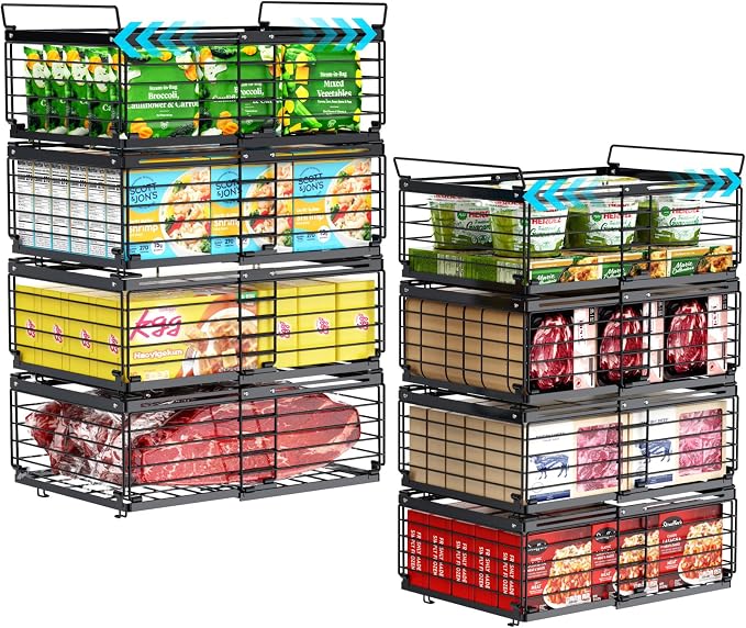 Freezer Organizer Bins - Adjustable Fits Chest Freezers 10-20 Cu Ft | 8 Pack Stackable Wire Baskets, Easy Access & Quick Organization, Sturdy Steel Rack Holds Frozen Meat and Vegetables, Black by iSPECLE