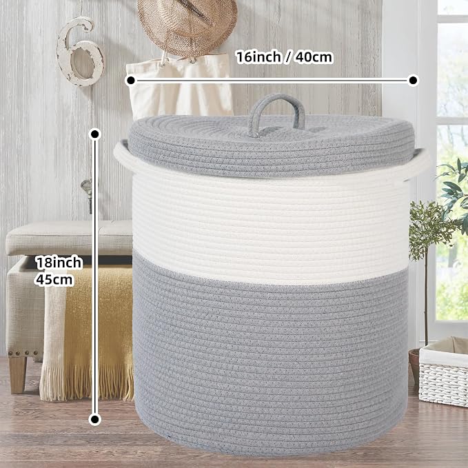 Large Storage Basket with Lid 60L, 16"Wx18"H Woven Laundry Hamper Basket with Handle, Room Decor Cotton Rope Wicker Basket Toy Organizer Bins for Clothes Blankets Pillows, Gray/White Mix includes Lid - Image 2