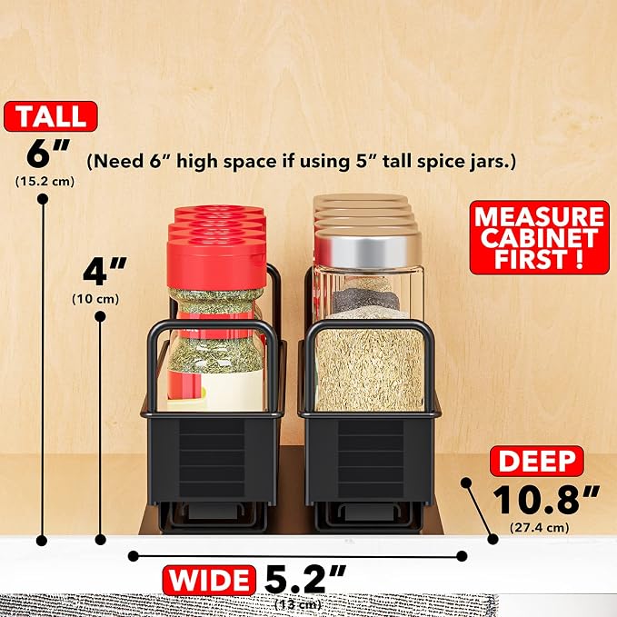 SpaceAid Pull Out Spice Rack Organizer for Cabinet, Heavy Duty Slide Out Seasoning Kitchen Organizer, Cabinet Organizer, with Labels, 5.2" W x10.8 D x4 H, 2 Drawers 1-Tier - Image 2