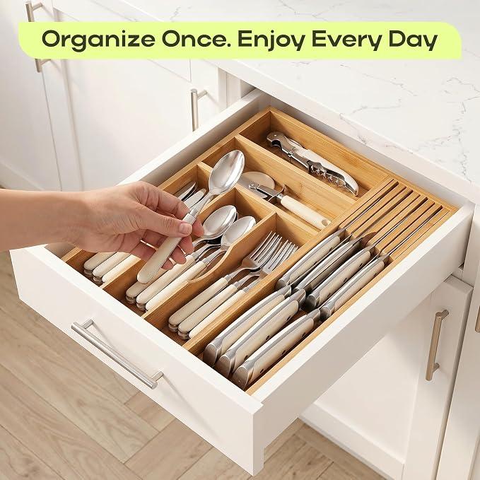 Drawer Organizer with Knife Block for Kitchen Organization, Bamboo Silverware Drawer Organizer, Compact Bamboo Cutlery Tray for Flatware and Utensils, Removable 7-Slot Knife Block for Kitchen Drawers - Image 7