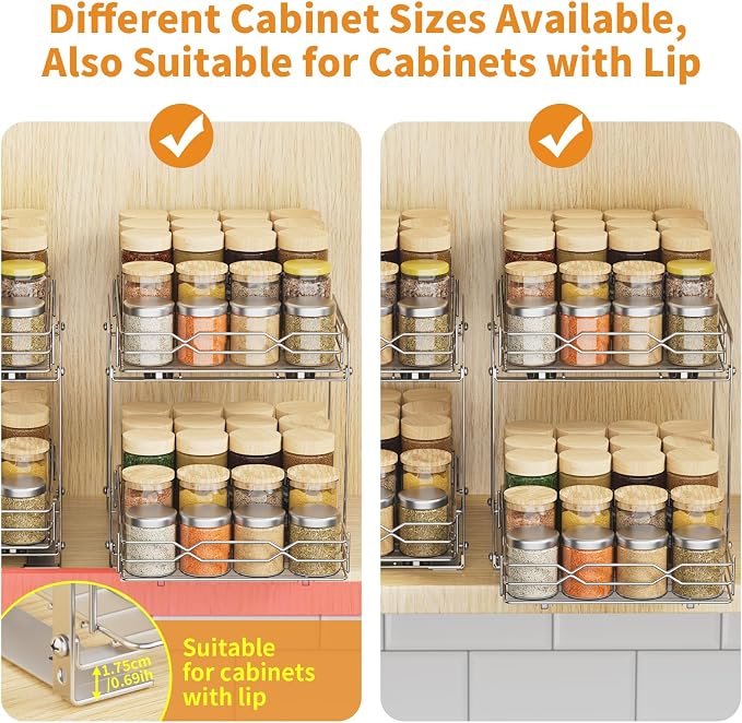 RCHYFEED Pull Out Spice Rack, 2 Tier Height Adjustable Vertical Spice Rack | Chrome,Tape or Screw Mount Available, Heavy Duty Sliding Spice Rack 9.2W x 10.4D x 9.8H, Fits Cabinets with or without Lip - Image 4
