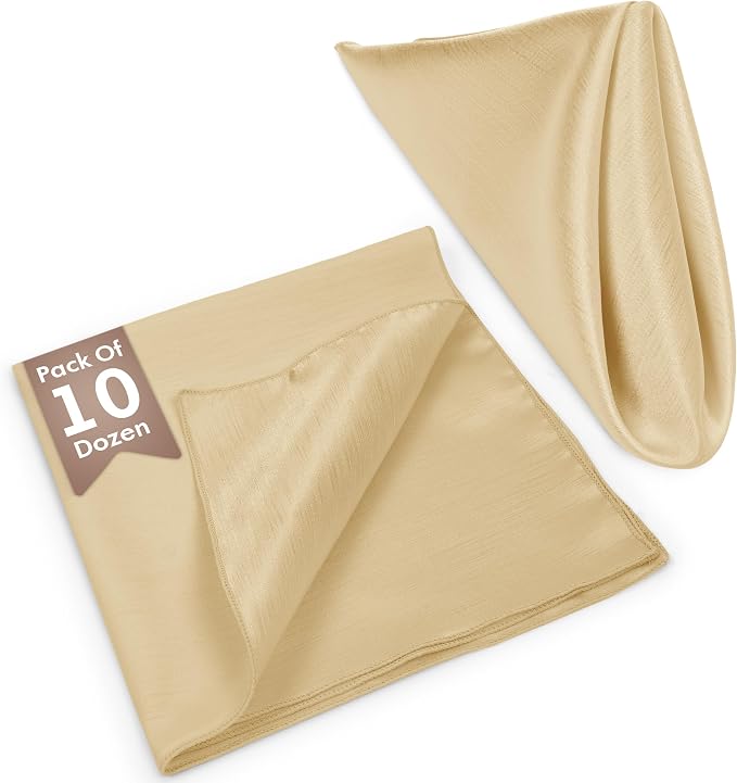 17 x 17-Inch Shantung Satin Cloth Napkins, Tan, Set of 120 | Bulk Case of 10 Dozen, Square, 100% Polyester Fabric, Reversible, Faux Dupioni Silk Reverse Side, Machine Washable, Beige - Image 2