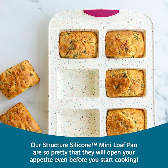 Trudeau Mini Loaf Pan – White Confetti/Fuchsia, 6-Cavity Nonstick Silicone Bakeware for Homemade Bread, Banana Bread, Pound Cake, and Mini Desserts – Flexible, BPA-Free, Dishwasher Safe - Image 2