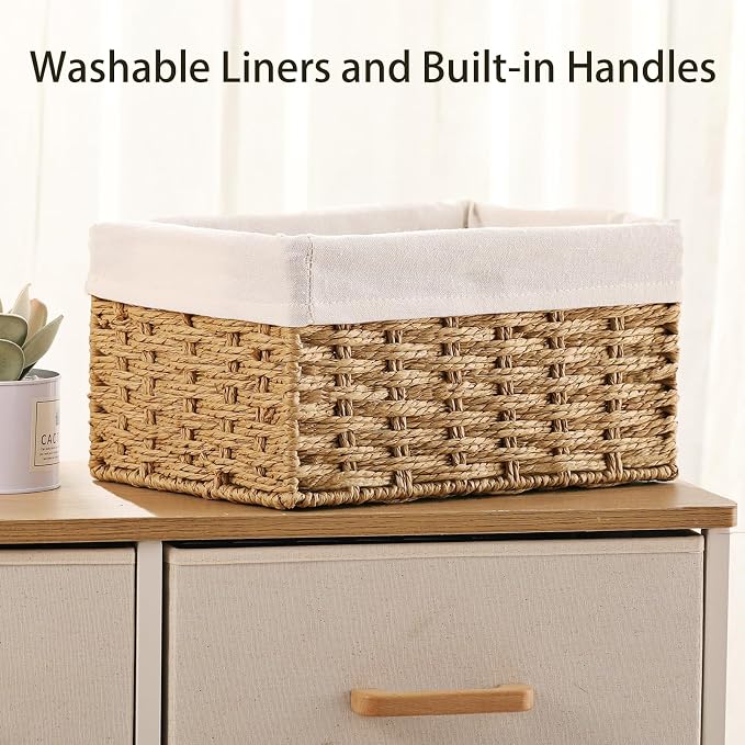 Wicker Storage Basket, 3-Pack Woven Paper Rope Wicker Baskets with Handles, Large Wicker Basket Cube Storage Bins with Liners, Storage Baskets for Organizing Shelves & Decor, Natural - Image 5