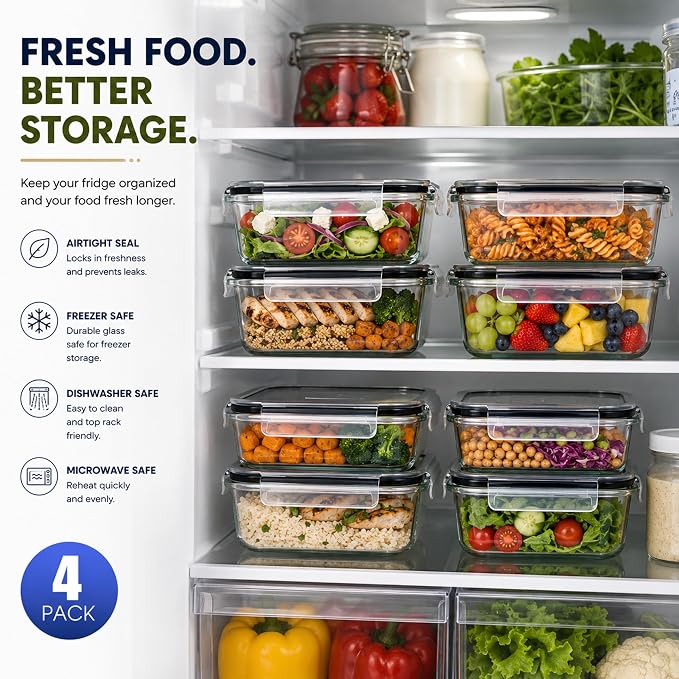 Sorbus Glass Meal Prep Containers Set – Freezer, Dishwasher, Oven Safe – Reusable Food Storage Bowls, 4 Cup Capacity for Meal Prep and Storage (4 Rectangular Vented Lid) - Image 6
