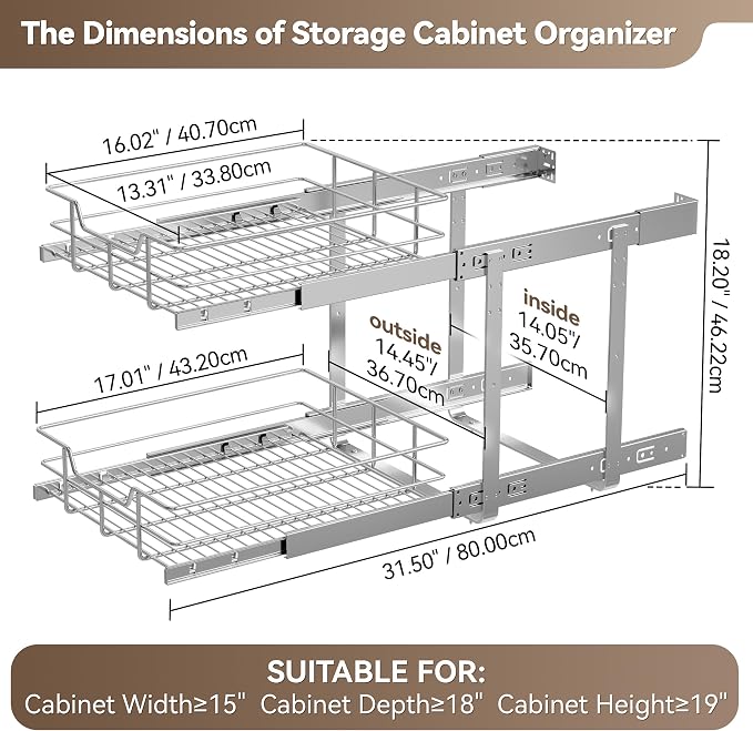 2 Tier Pull Out Cabinet Organizer 15" W X 17" D, Chromed, Full Slide Out | For Kitchen Organizers and Storage, Pull Out Drawers For Cabinets Capacity Heavy Duty Caddy, Cabinet Shelves, Bathroom Pantry - Image 2