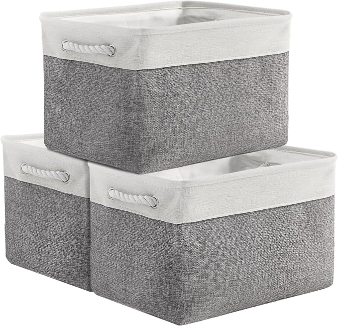Organization and Storage Basket for Organizing - 3 Pack 16x12x12 inch Cube Storage Bin Fabric Storage Cubes for Organizer Cloth Gift Toy Closet (White & Grey) by TheWarmHome
