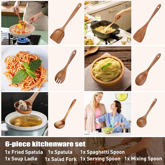 Wooden Spoons - Wooden Spoons for Cooking,Natural Wooden Kitchen Utensils Set Non Toxic,6-Piece Wooden Cooking Utensils(A06) - Image 4