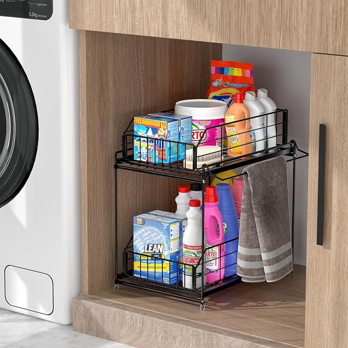 Under Sink Organizers and Storage 2 Pack, 2-Tier Pull Out | Large Black Metal Shelf, Hanging Rail, Kitchen Bathroom Cabinet Organizer, Sliding Storage Drawer for Pantry - Image 6