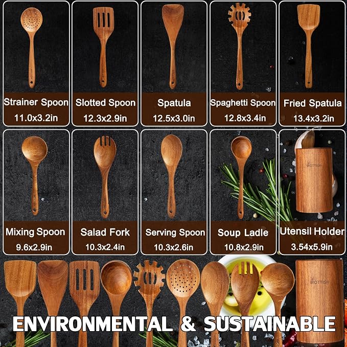 Wooden Spoons for Cooking,Wooden Cooking Utensil Set,10-Piece Wooden Kitchen Utensil Set with Wooden Spoons(A10) - Image 3