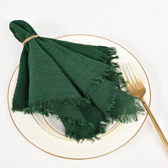 36 Pack Dark Green Cloth Napkins, 12 x 12 Inch Cotton with Fringe Settings | Handmade washable reusable cotton dinner napkins in bulk for weddings, parties, rustic boho table settings - Image 6