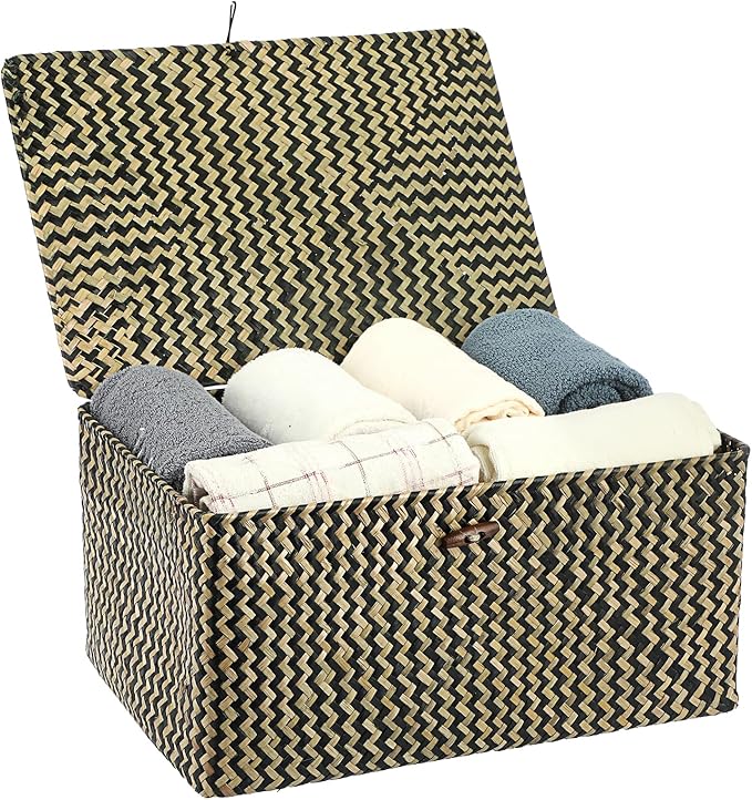Hipiwe Wicker Shelf Baskets Bin with Lid, Handwoven Seagrass Basket Storage Bins Rectangular Household Basket Boxes for Shelf Wardrobe Home Organizer, Black,X-Large by Hipiwe