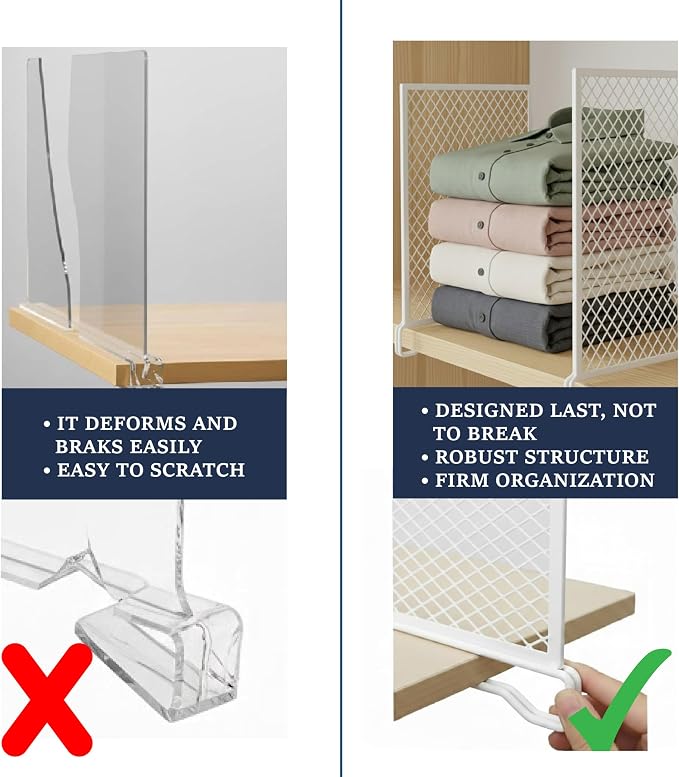 Nexu 6-Pack Metal Mesh Shelf Dividers for Closet Organization, Ultra-Stable Under-Shelf Hook Closet Dividers, Heavy Duty Purse, Handbag & Bag Organizer for Shelving, Clothes, Bedroom, White - Image 5
