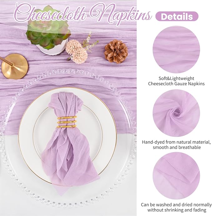 50 Pack Lavender Cloth Napkins 20x20 Inch Cheesecloth Napkins | Elegant Cloth Napkins for Table, Washable Rustic Boho Gauze Napkins, for Wedding Party Bridal Baby Shower Dinner Table Decor - Image 3