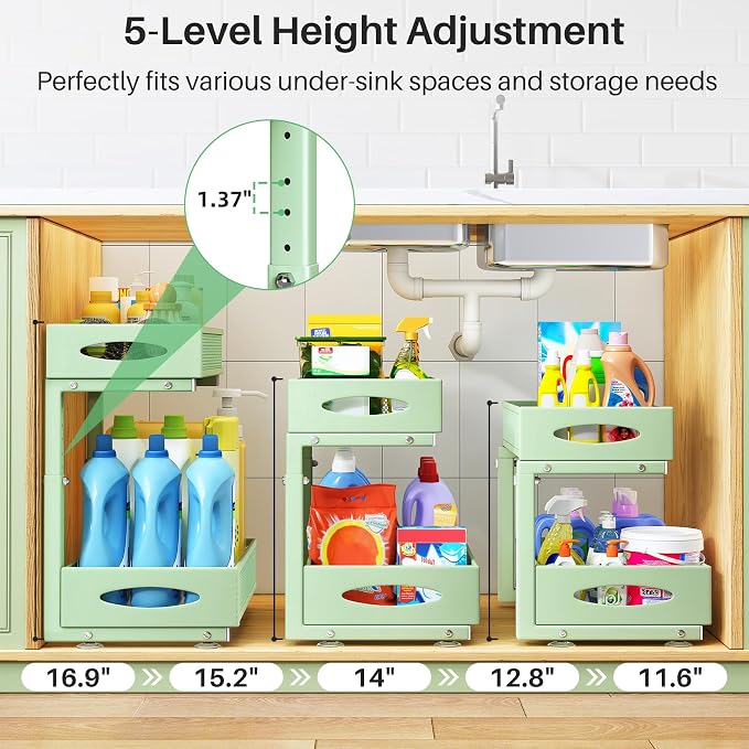 Under Sink Organizer, 2 Tier Pull out Cabinet Organizer Baskets with Mesh Sliding Drawers, Slide out Storage Shelf for Home, Kitchen, Bathroom, Pantry, Office Cabinet(1 Pack, Green) - Image 4
