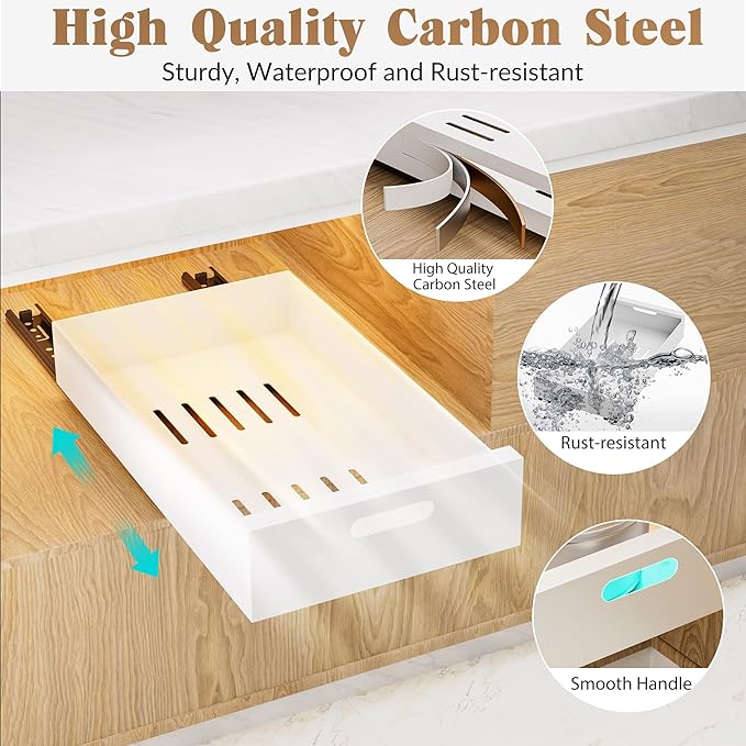 HBL' 1 Pack | 21" Deep Pull Out Cabinet Organizer Adhesive, 10-Inch Wide Sturdy Carbon Steel Roll-Out Drawers, Designed for Frameless Cabinets, Slide-Out Shelves for Pantry. - Image 4