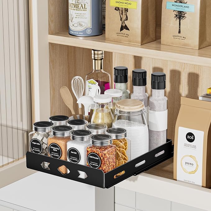 BOIVSHI Pull Out Spice Rack for Cabinet, 1 Tier, 8.4''Wx10.5''Dx2.8''H | Heavy Duty Metal Spice Rack Organizer for Pantry, Vertical Design Saves Space Inside the Cabinets, Black - Image 9