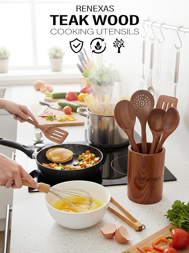 Kitchen Utensils Set, 9 Piece Teak Wooden Utensil Set for Cooking, Premium Teak Cooking Utensils, Non Toxic Wooden Spoons & Spatulas, Heat Resistant Kitchen Tools for Nonstick Cookware - Image 2