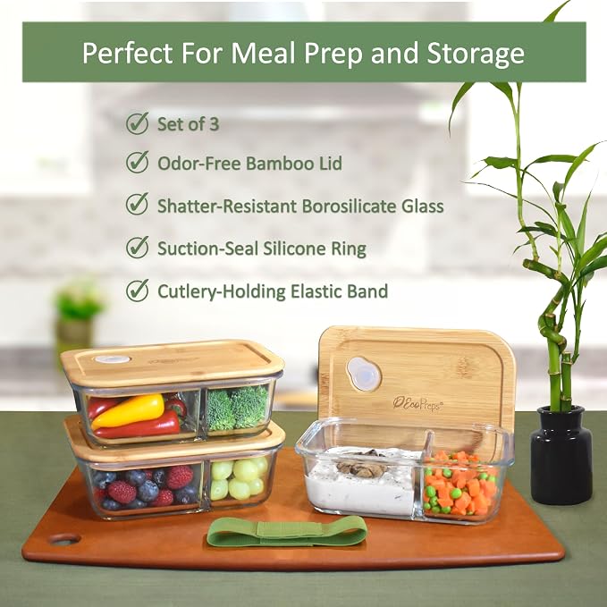 Glass Meal Prep Containers with Bamboo Lids, 2 Compartment Glass Bento Box Container Set (3 Pack) | 100% Plastic Free, Eco-Friendly, Lunch Containers with Lids Made of Bamboo - Set of 3 - Image 3