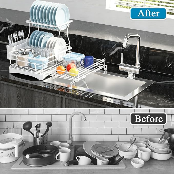 2 Tier Dish Drying Rack, Large Extendable Dish Racks for Kitchen Counter , Dishrack with Drainboard, 2-in-1 Anti-Rust Stainless Steel Dish Drainer with Utensil Holder (White, double of Dish Rack) - Image 7