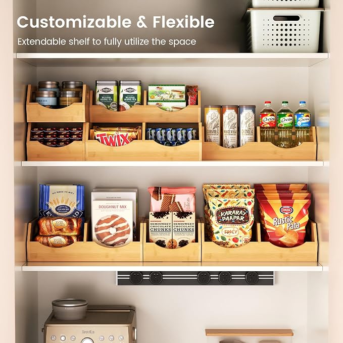 Potato and Onion Storage Bin, 2 Tier Bamboo Kitchen Storage Rack, Stackable Ventilated Pantry Organizer with Handles for Garlic Peppers Vegetables, Countertop Produce Bins, Natural Brown - Image 5