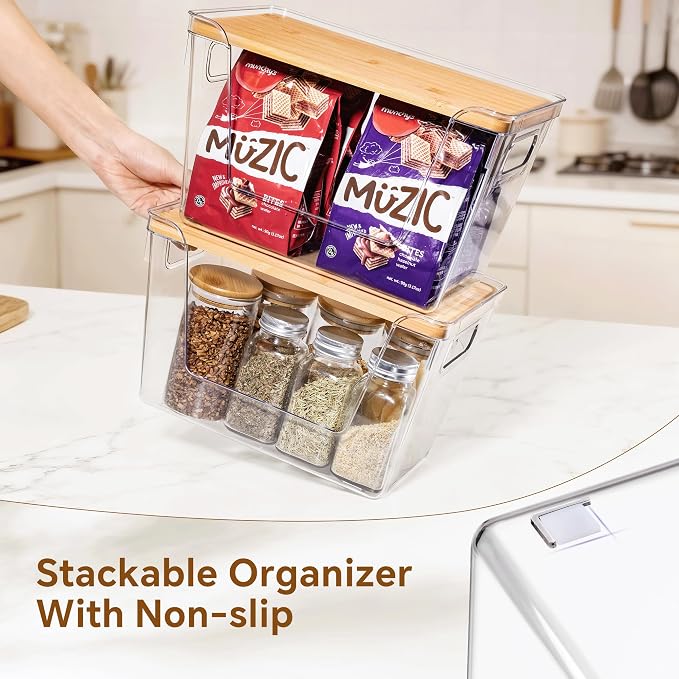 3 Set Pantry Organizers and Storage with Bamboo Lids, Stackable Clear Bins for Onion, Potato, Fruit, Vegetables, Trash Bag Dispenser, Kitchen and Under Sink Organizer - Image 8