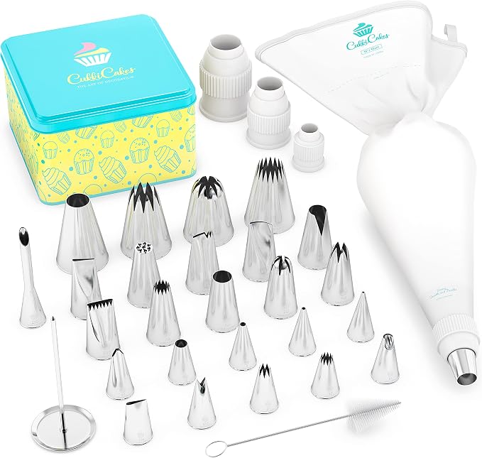 Professional Icing Tips Set (31pcs): Reusable Pastry Bag + 26 Extra Large Piping Tips + 3 couplers, for Decorating Cupcakes, Cakes & Churros - Piping Nozzles Kit Made in Korea & Japan by CukkiCakes