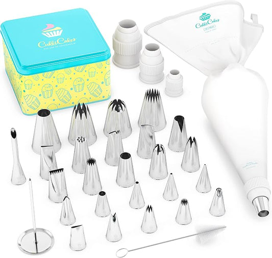 Professional Icing Tips Set (31pcs): Reusable Pastry Bag + 26 Extra Large Piping Tips + 3 couplers, for Decorating Cupcakes, Cakes & Churros - Piping Nozzles Kit Made in Korea & Japan by CukkiCakes