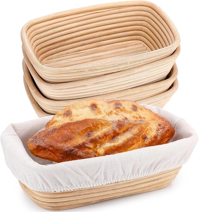 Nuogo 4 Pieces 10 Inch Bread Banneton Proofing Basket Rattan Banneton Dough Proofing Bowls with Liners and Scatters for Home Sourdough Baking (Rectangle) by Nuogo