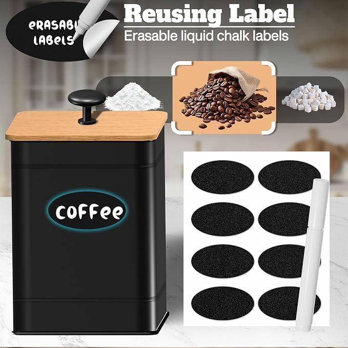 Kitchen Canister Set of 4, Black Airtight Metal Flour Sugar Containers | 4 Practical Capacities, Flat Bamboo Lids, Wide Openings, Reusable Chalkboard Labels & Marker, Countertop and Pantry Organized - Image 5