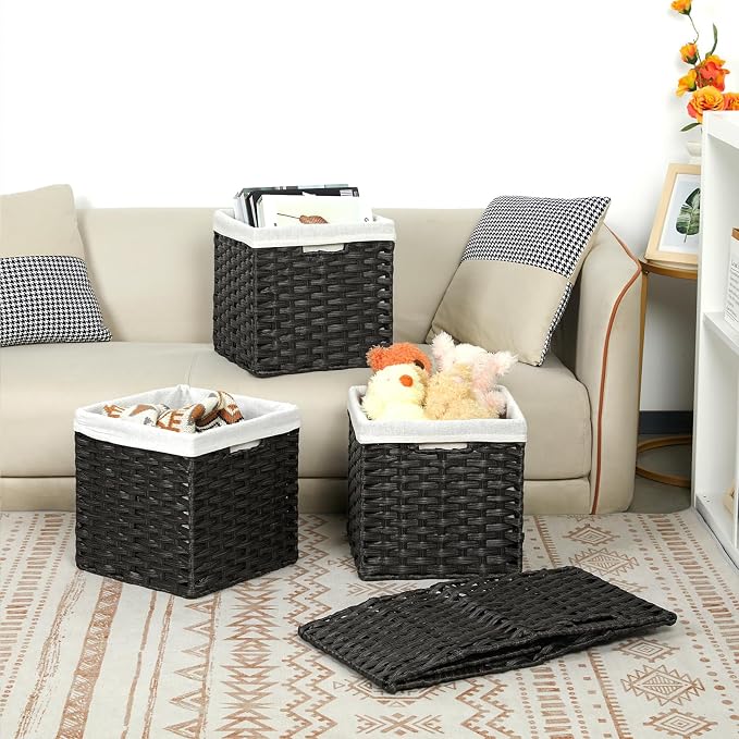 Bidtakay Black Wicker Cube Baskets 11 inch 4 Pack Waterproof Hand-Woven Storage Baskets for Organizing Pantry Bedroom - Image 3