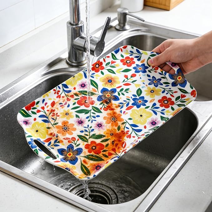 Large Melamine Platters, Serving Tray with Handles for Cookie, Cupcakes, Desserts, Dishwasher Safe, Ottoman Tray Decor, Set of 2, 2 pcs Mats Included (Boho Botanical, 19''x11.6'') - Image 6