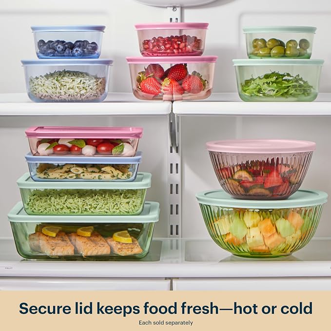 Pyrex Colors (3-Pack, Medium) Tinted Glass Round Food Storage Container Set, Snug Fit Non-Toxic Plastic BPA-Free Lids, Freezer Dishwasher Microwave Safe, 2 Cup, 4 Cup & 7 Cup - Image 6
