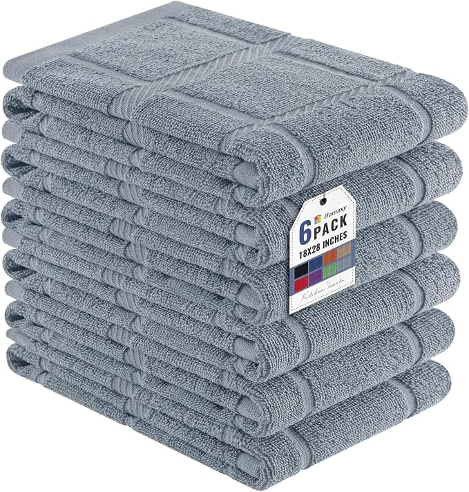 Homaxy 100% Cotton Kitchen Towels 18"x28", 6 Pack Dish Towels, Grey | Large 380 GSM Soft and Absorbent Kitchen Hand Towels with Terry Grid Design, Utility Tea Towel Set with Hanging Loop by Homaxy