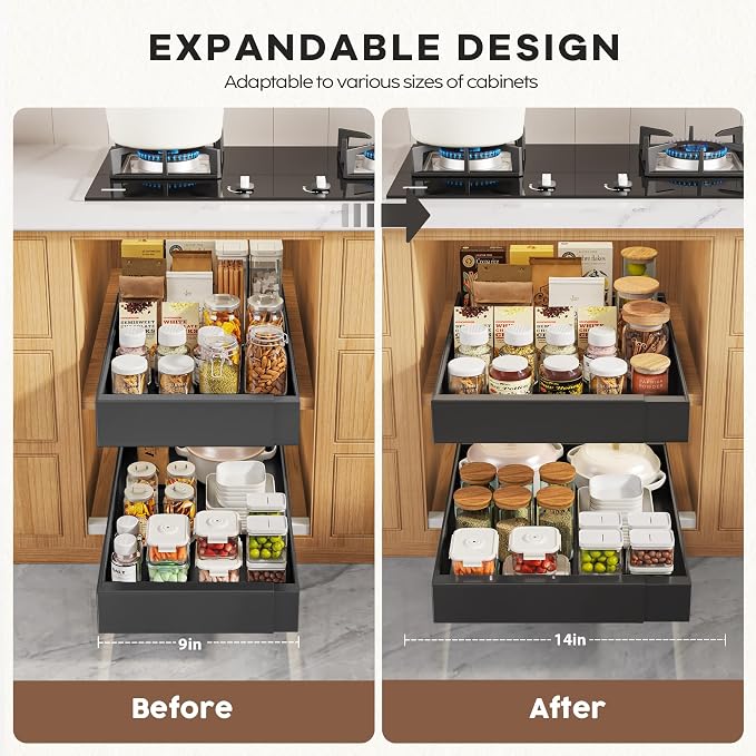 Seinloes 2 Pack Pull Out Cabinet Organizers 21" Deep With Raising Pad for Framed Cabinets, Expandable Width (9"-14") Slide Out Drawers Upgrade 3 Slide Rails, Roll Out Shelves Adhesive, Black - Image 3