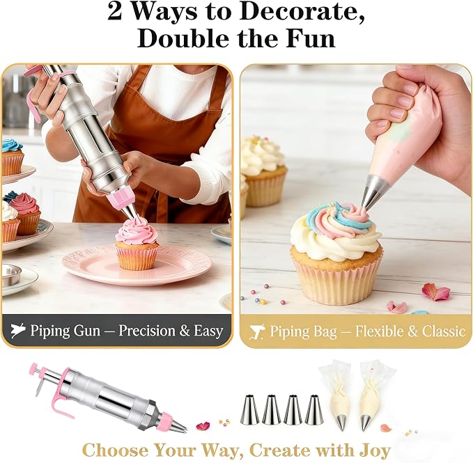 Gawren-H&E 208 PCS Cake Decorating Kit,Baking supplies-Frosting Piping Kit | Cake Decorating Supplies with Icing Dispenser Gun,Piping Bags and Tips Set,Chocolate moulds,Spatulas and more(Light Pink) - Image 6
