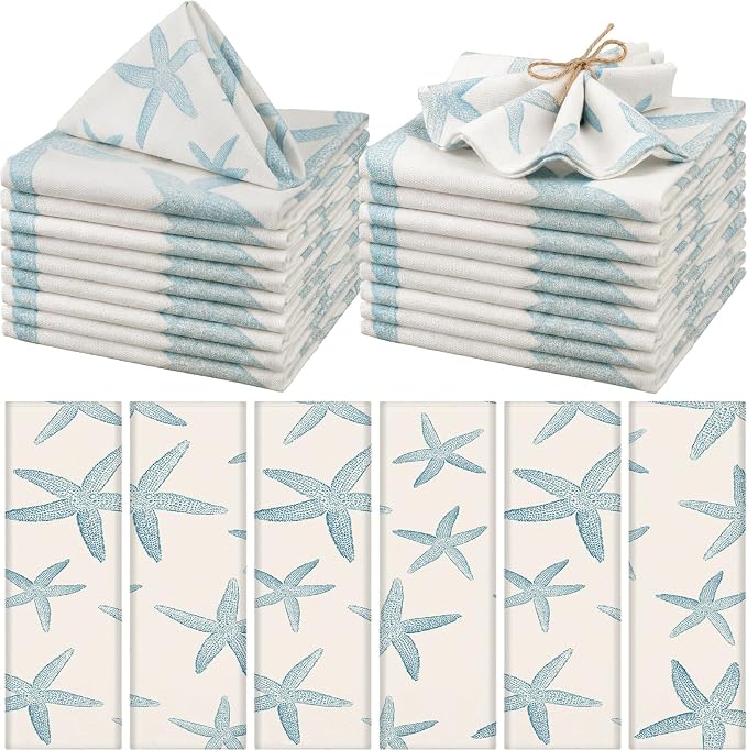 Funnymoom 12 Pcs Blue Starfish Cloth Napkins Coastal Nautical Beach Reusable Napkins Coastal Party Dinner Soft Absorbent for Kitchen Ocean Sea Decorations Summer Holiday Party by Funnymoom
