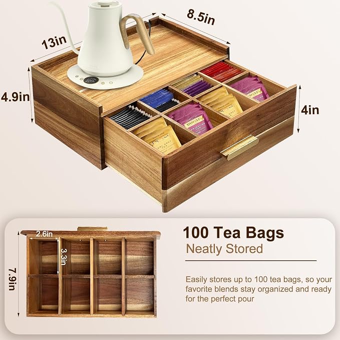 Thick&Thin Acacia Wood Tea Bag Organizer, Tea Organizers and Storage Box With Removable Divider Drawer, Tea Bag Holder Station Caddy Container for Countertop, Tea Accessories Gift Box (1Pcs) - Image 3