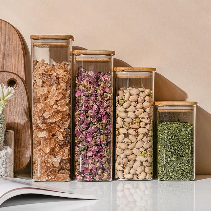 D2scrma 71oz Rectangle Airtight Glass Storage Containers with Bamboo Lids (Set of 3), Square Food Storage Jar, Pantry Organizers for Sugar, Flour, Spaghetti and Coffee beans (‎with Black Lable) - Image 8